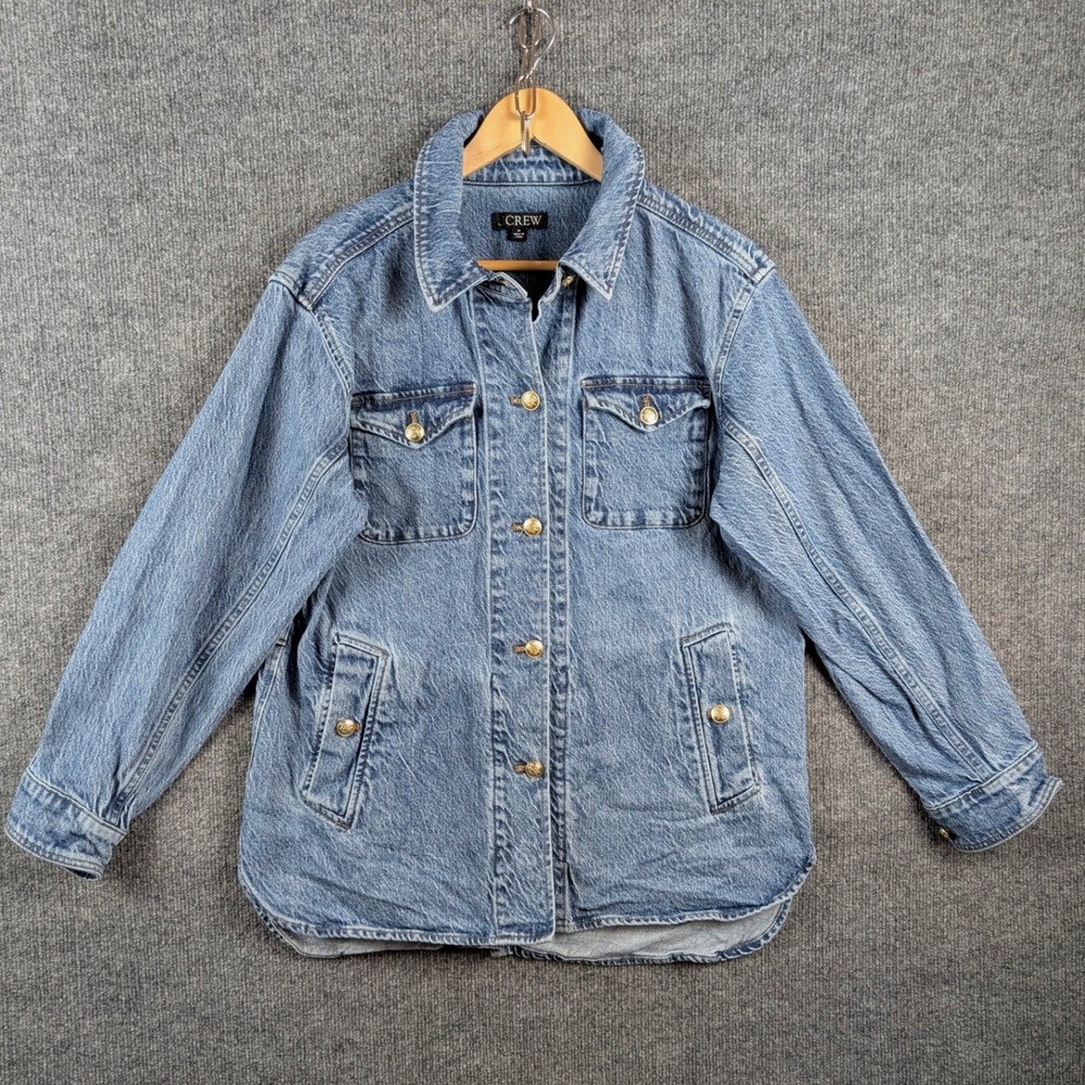 J.Crew Denim Shacket Barn Coat Gold Crest Button Utility Chore Jacket Wash M